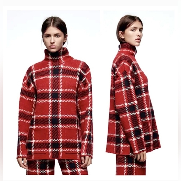 Zara Plaid Knit Sweater Red Black Mock Neck Size L - Picture 1 of 9